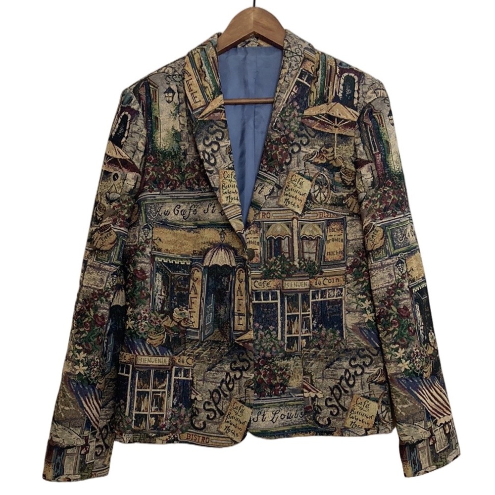 Handmade Tapestry Jacket Womens Medium Brown Green Parisian Cafe Retro Blazer